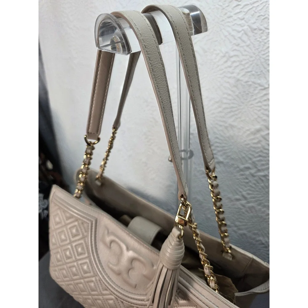 Tory Burch Fleming Tote Large Beige Good Quilted Leather Chain Shoulder Bag